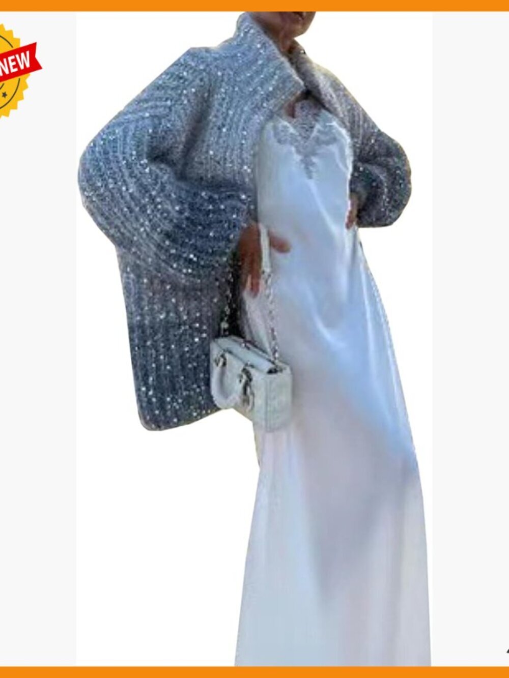 Oversized Sequin Cardigan Zip Up Lantern Sleeve Stand Collar Sweater